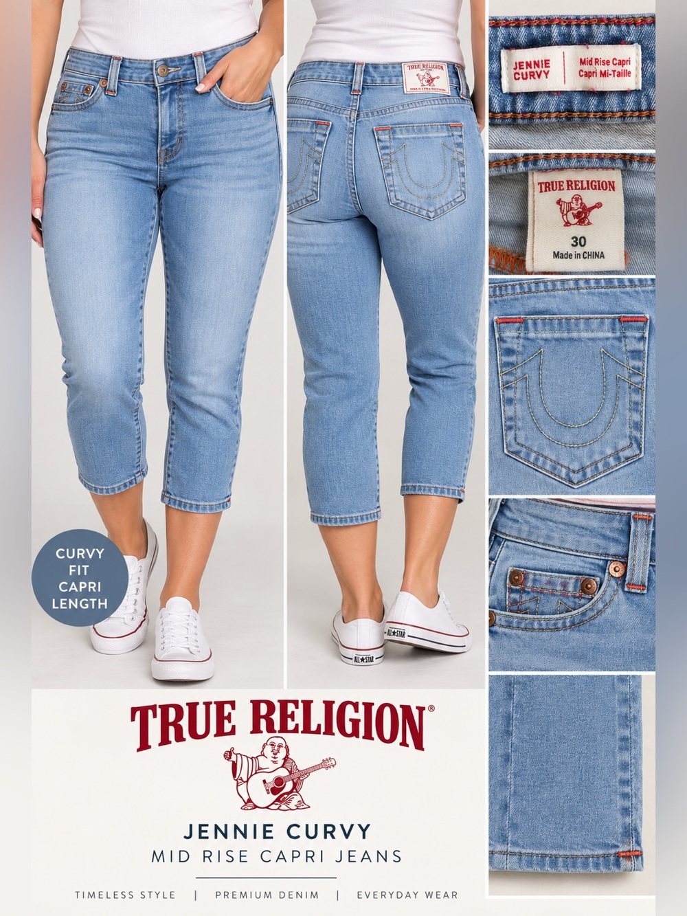 True Religion Jennie Curvy Mid Rise Capri Jeans Light Wash Size 30